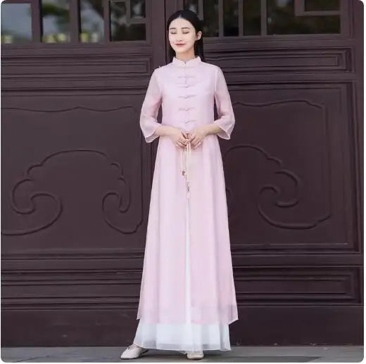 Spring Long Dress (Áo Dài) Cheongsam Vintage Bamboo Print Chiffon White Qipao