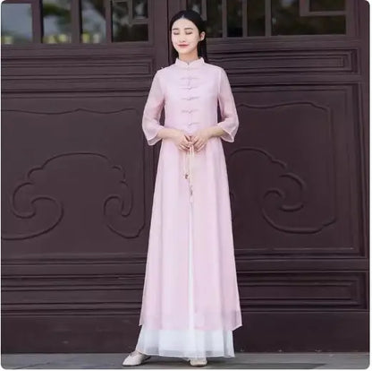 Spring Long Dress (Áo Dài) Cheongsam Vintage Bamboo Print Chiffon White Qipao