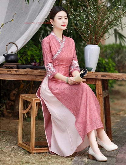 2025 Vietnam traditional Áo Dài -- Cheongsam flower embroidery v-neck a-line, banquet evening dress