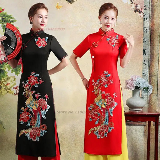 2025 Vietnam vintage Áo Dài with phoenix and flower design (dress+pants set)