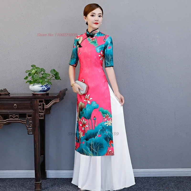 2025 Chinese improved Qipao (dress+skirt set), flower print Vietnam Áo Dài a-line