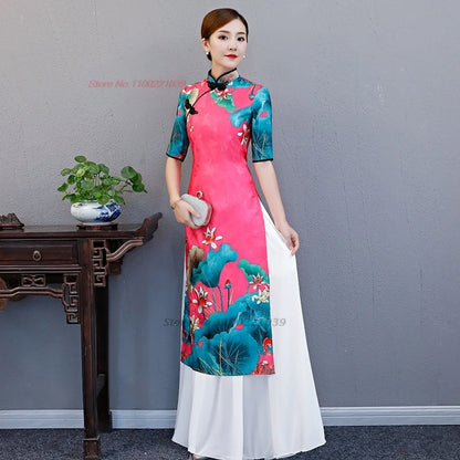 2025 Chinese improved Qipao (dress+skirt set), flower print Vietnam Áo Dài a-line