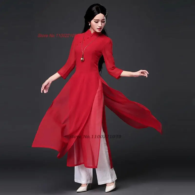 2025 Vietnam traditional folk style Áo Dài (dress+pants set), Vietnam chiffon