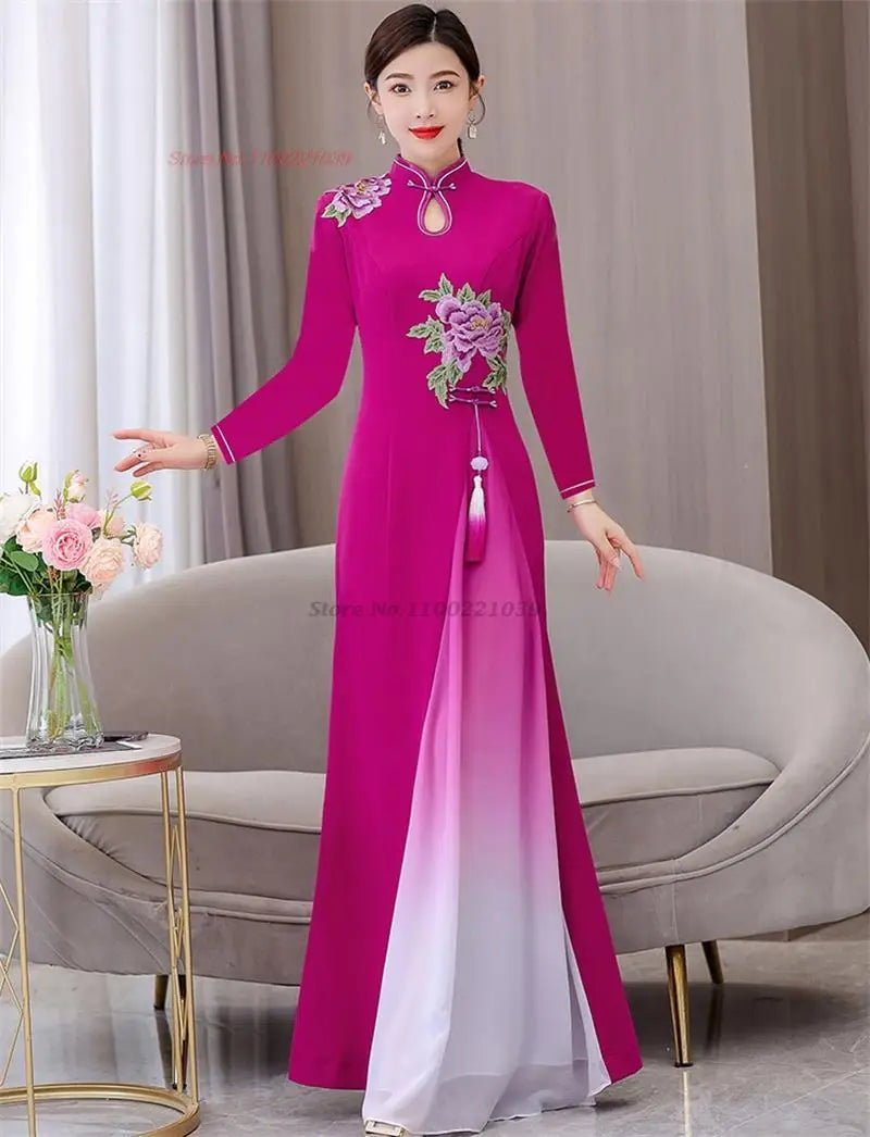 Áo Dài Qipao with flower embroidery cheongsam dress banquet evening dress