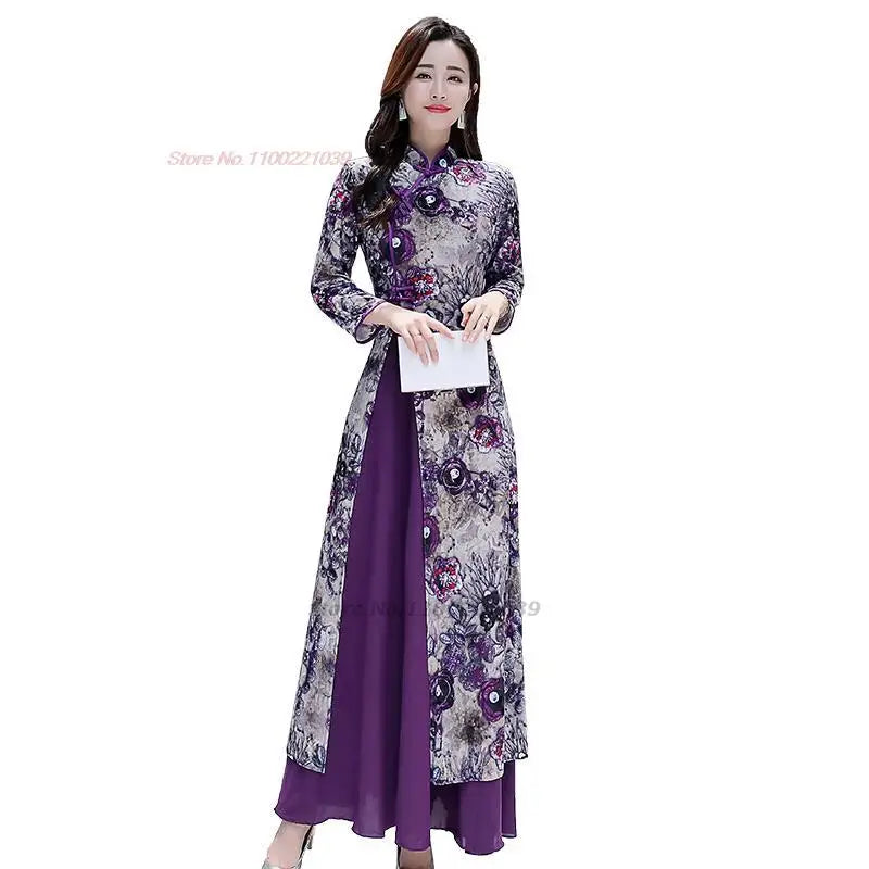 2025 Vietnam Áo Dài mixed with Chinese traditional cheongsam,  floral print banquet wedding evening dress