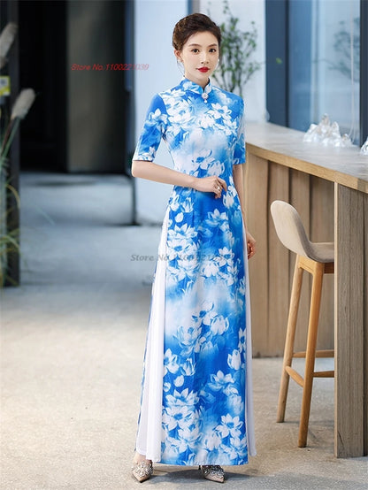 Áo Dài Vietnam Qipao inspired vintage flower print, elegant party dress, banquet evening dress