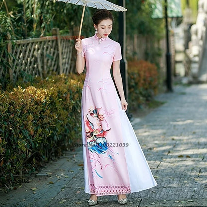 2025 Vietnam Áo Dài Qipao, phoenix print, banquet evening dress