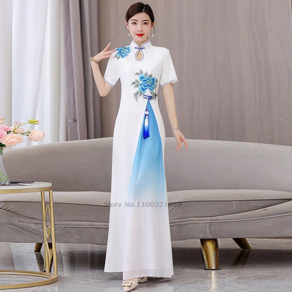 Áo Dài Qipao with flower embroidery cheongsam dress banquet evening dress