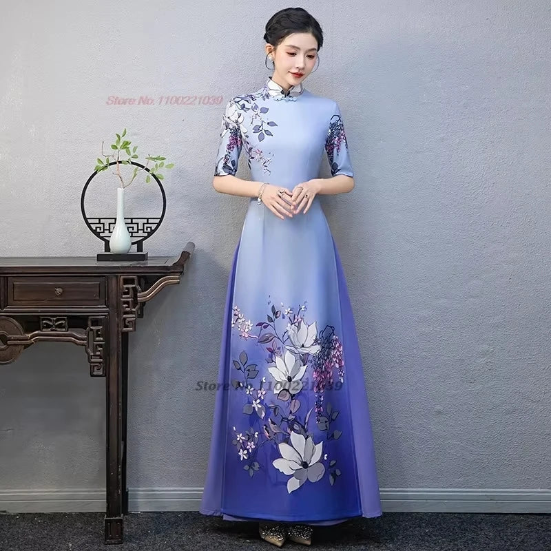 2025 Áo Dài flower print Cheongsam banquet evening dress