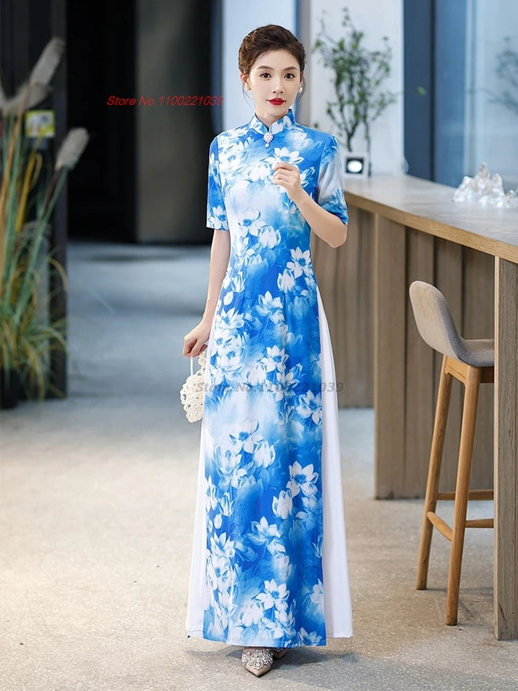 Áo Dài Vietnam Qipao inspired vintage flower print, elegant party dress, banquet evening dress