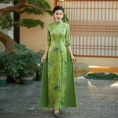 2025 Summer Casual Vintage Green Áo Dài -- Qipao style Dress Floral Print Elegant Evening Party Gown