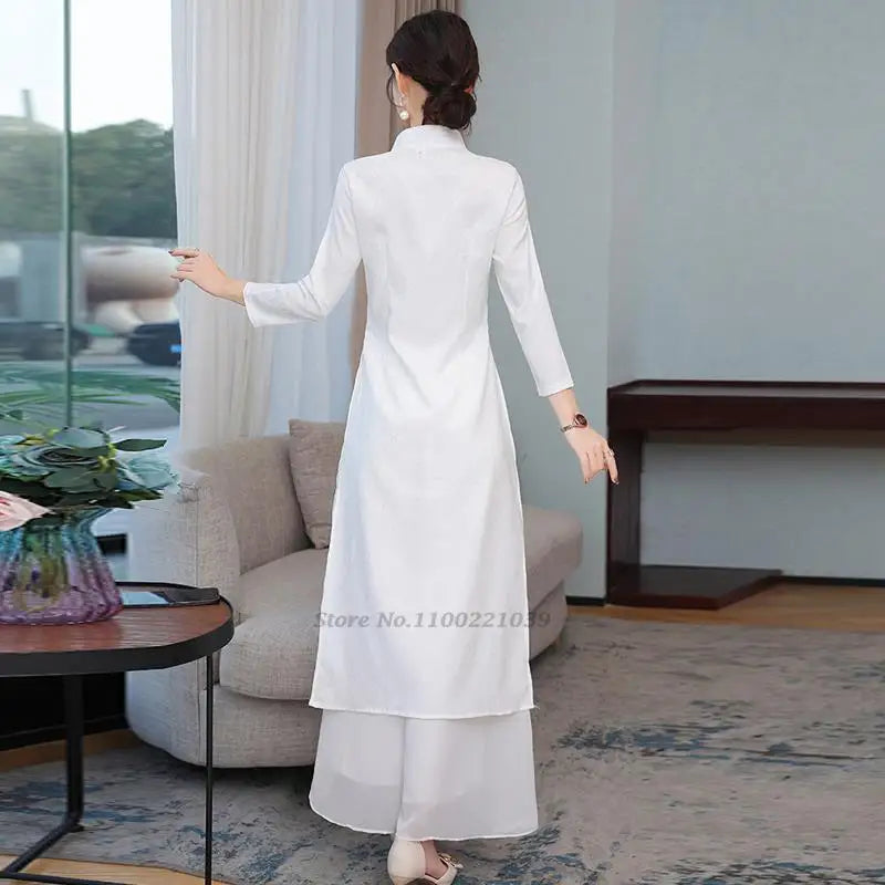 2025 Vietnam Áo Dài with retro flower embroidery (dress+pants sets), woman traditional vintage party dress
