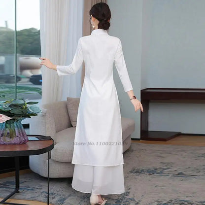 2025 Vietnam Áo Dài with retro flower embroidery (dress+pants sets), woman traditional vintage party dress