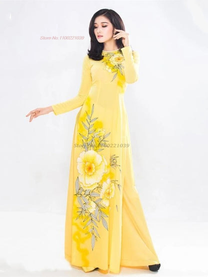 2025 Vietnam traditional Áo Dài (dress+pants set with flower design), banquet party evening dress vestido