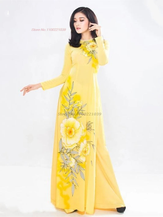 2025 Vietnam traditional Áo Dài (dress+pants set with flower design), banquet party evening dress vestido