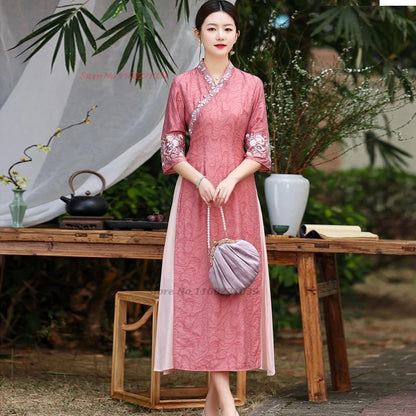 2025 Vietnam traditional Áo Dài -- Cheongsam flower embroidery v-neck a-line, banquet evening dress