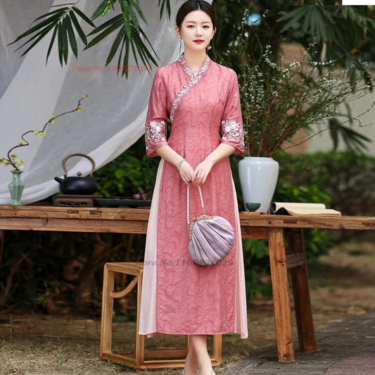 2025 Vietnam traditional Áo Dài -- Cheongsam flower embroidery v-neck a-line, banquet evening dress