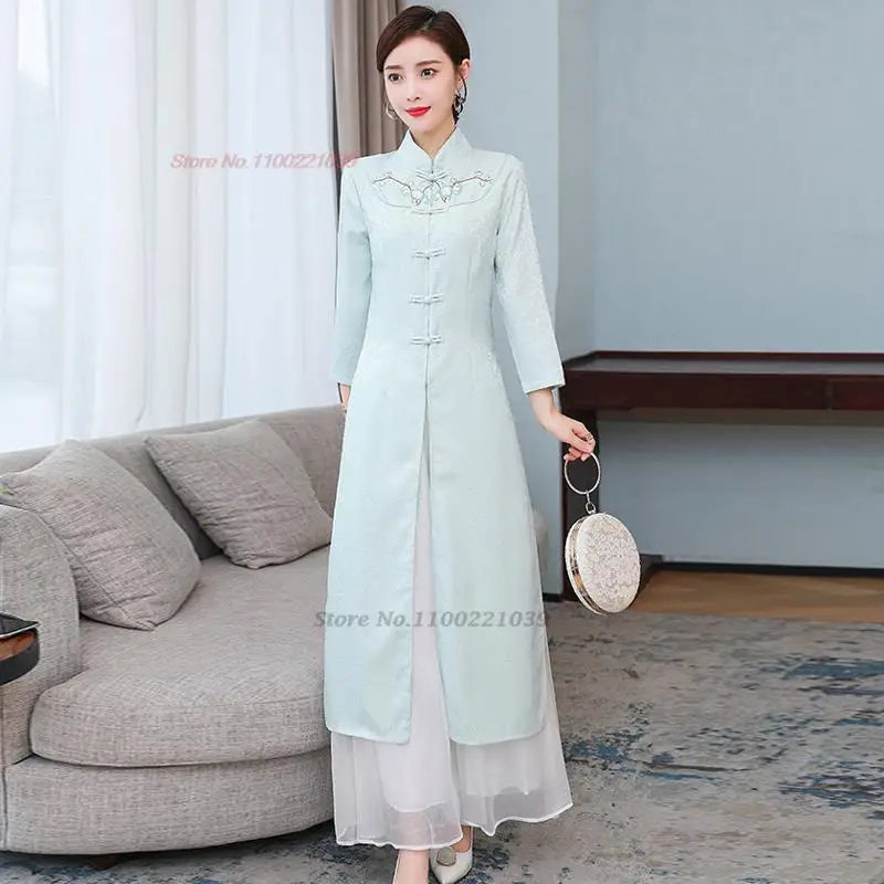 2025 Vietnam Áo Dài with retro flower embroidery (dress+pants sets), woman traditional vintage party dress